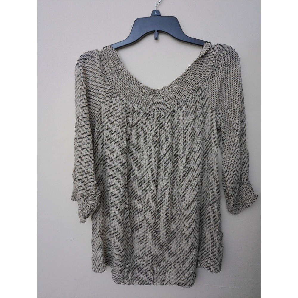 Theory Womens Blouse Top Size S Light weighBlack Cream Smocked V Nk 3/4 Sleeve